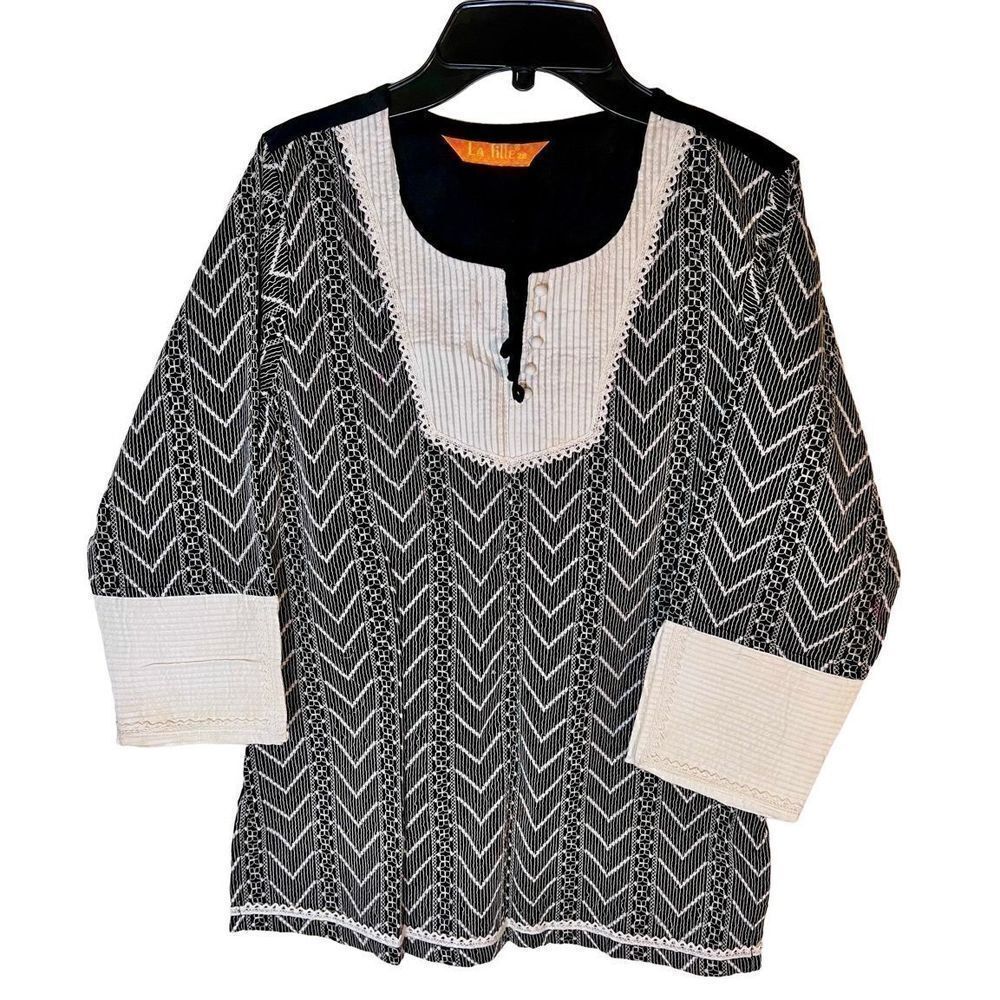 La Fille Made In India Kurta Tunic Black White Boho Victorian Size 28 Small